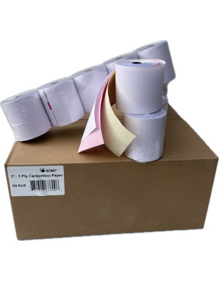 SOMY 3&quot; X 3&quot;x 70',  Premium 3 Ply Carbonless Paper Rolls - 50 Rolls